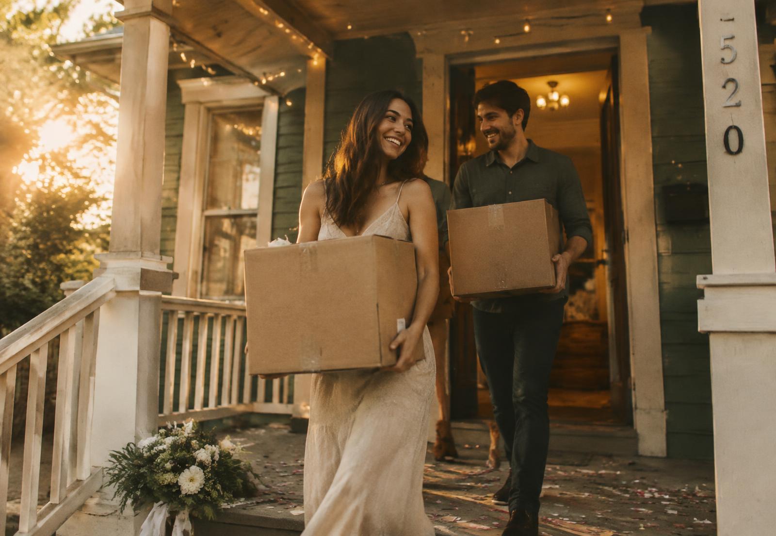 Newlyweds carrying boxes out of their new home